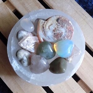 ☯️ Ammonite Shell BowL ✨CrAZy AGaTe MiNi PuFF Heart ✨Selenite ChiP CRYSTAL BoWL